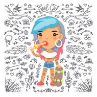 Cartoon Cute Tattoo Girl with Skateboard