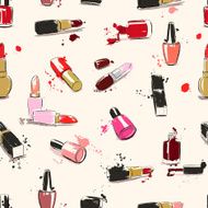 Vector seamless pattern with lipstick &amp; nail polish