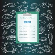 Restaurant seafood menu with hand drawn doodle elements N3