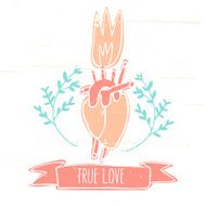True love card with heart and fire Vintage design elements