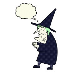 cartoon ugly old witch with thought bubble N10