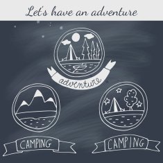 Set of doodle camping badges on blackboard