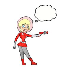 cartoon sci fi girl with thought bubble N11