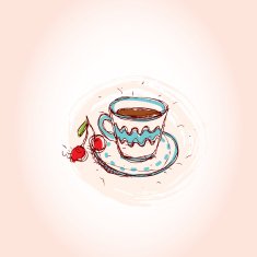 Cup of coffee cherry Hand drawn sketch on pink background