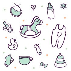 Hand drawn baby shower design elements on polka dot background N2