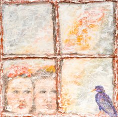 outside view of two children looking out a window N2