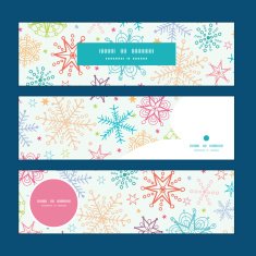 Vector colorful doodle snowflakes horizontal banners set pattern background