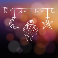 Eid-ul-adha greeting card with sheep moon star and flags