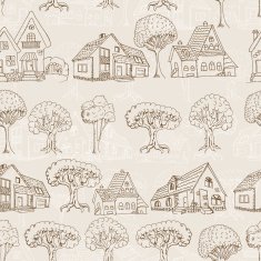 Seamless pattern with houses and trees Hand drawing