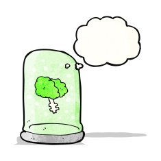 cartoon brain in jar with thought bubble N4