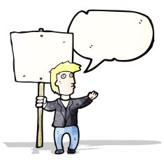 cartoon chanting protester with sign N7