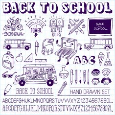 Back to school doodle icons lettering signs set