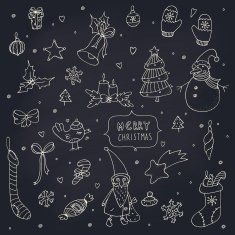 Set of doodle Christmas decorations on a chalkboard