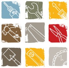 Tool and equipment grunge block icon set