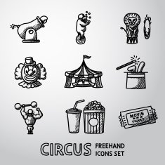 Set of CIRCUS freehand icons with - clown cannon bear