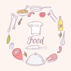 Round card with doodle food icons Hand drawn elements for