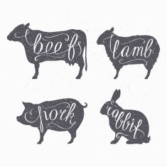Hipster style farm animals silhouetts Beef lamb pork and rabbit