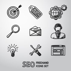 Set of SEO handdrawn icons - target with arrow tag