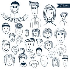 Hand-drawn people crowd doodle collection of avatars funny faces N2