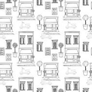 seamless pattern with sketchy shop on the ground