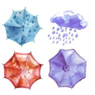 Watercolor set of umbrellas cloud heavy rain N2