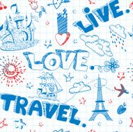 Doodle seamless pattern Live Love Travel