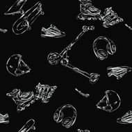 Seamless pattern with scooters boards and accessories