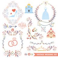 Cute vintage floral set with wedding icons doodle decor