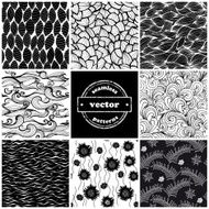 Set of seamless black and white wave floral patterns N2
