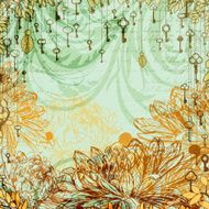 Vintage background with chrysanthemum flowers and hanging keys N2