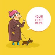 Granny with pointing finger and speech bubble walking dog