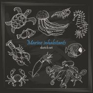 Vector collection of sea inhabitants in sketch style on dark
