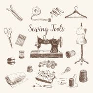 Vector set of hand drawn sewing and knitting tools N3