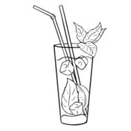 Vector Lineart Cocktail Mojito with Mint Leaves and Straws