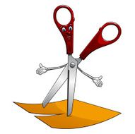 Cartoon scissors cut yellow paper