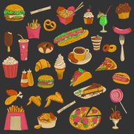 Colored hand drawn fast food icon set