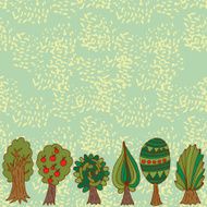 Seamless hand-drawn border pattern with doodle forest tree N6