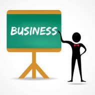 Man points to business word on green board