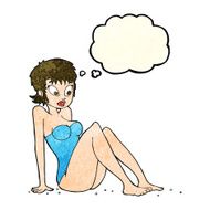 cartoon woman in swimsuit with thought bubble N11