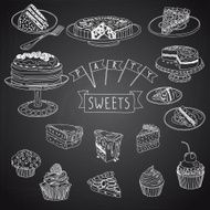 Vector collection of vintage party pastry cakes and sweets icons