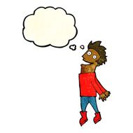 cartoon drenched man flying with thought bubble N11