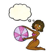 cartoon bikini girl with beach ball thought bubble N11