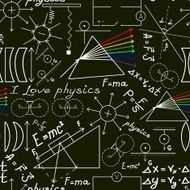 Physics doodles on school squared paper seamless pattern