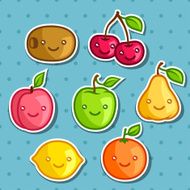 Set of cute kawaii smiling fruits stickers