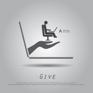 hand hold man working from laptop vector icon