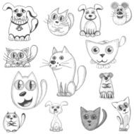 Hand drawn cats dogs and mouse set