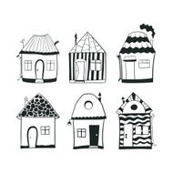 Set sketch black and white outline houses in cartoon style N2
