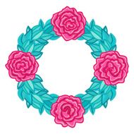 Round pink rose with leaves wreath frame