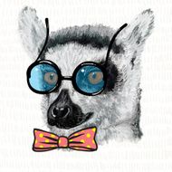 Lemur in blue glasses with black frame and pink bow