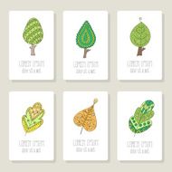 Set of cards with doodle trees flowers fruits leaves